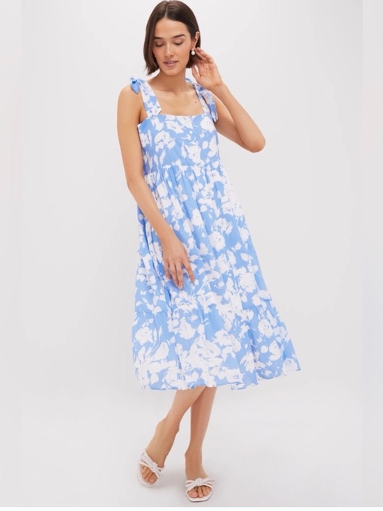 Hyacinth House Dresses & Skirts - Hyacinth House Tuckernuck Blue and White Floral Lupine Midi Tie Shoulder Dress M